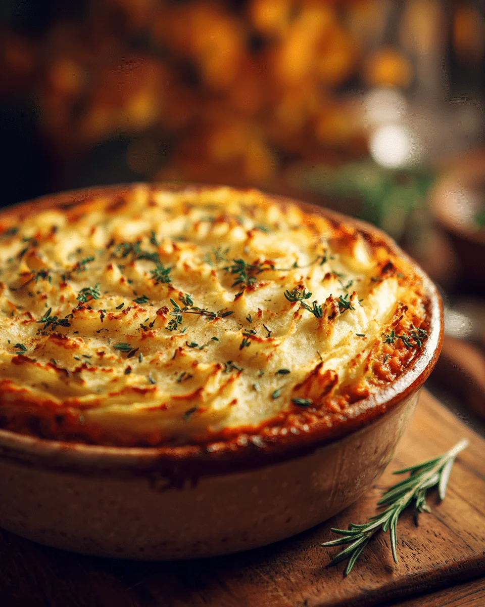 The Ultimate Fall Lentil Shepherd's Pie 2 Comforting plant-based shepherd’s pie in a cast iron skillet, with caramelized onions and herbs, styled as a flat lay with autumn props