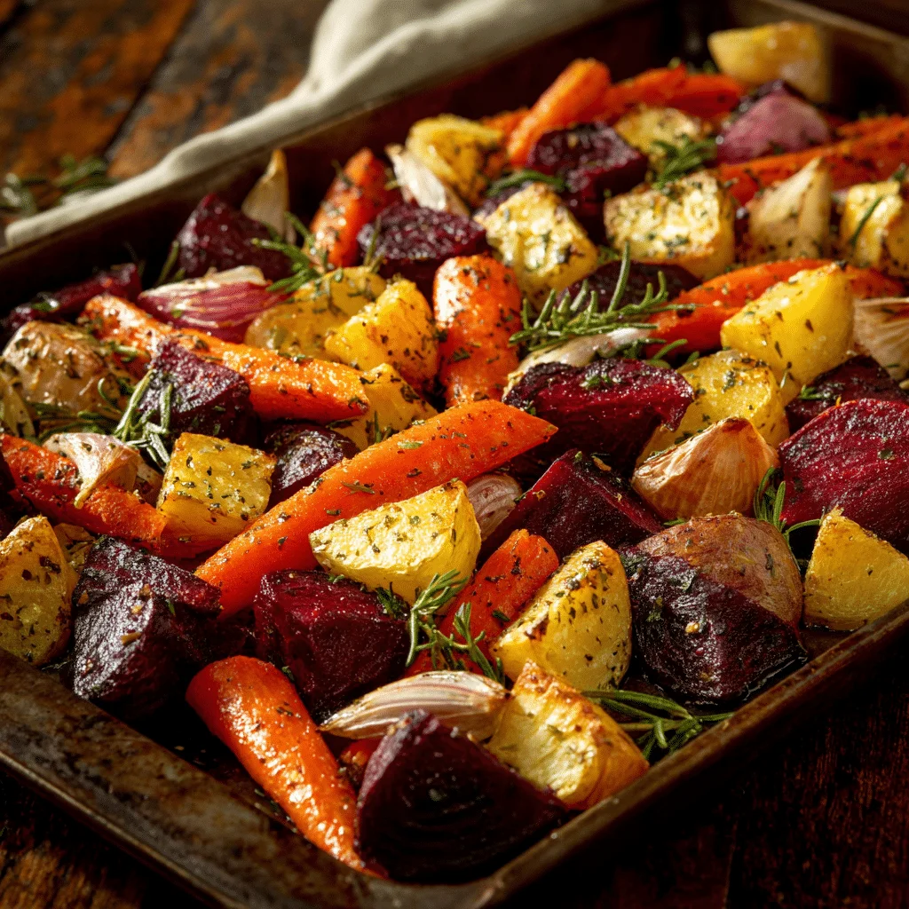 Vibrant Roasted Root Vegetables for Easy Dinners 1 Roasted yams, red potatoes, beets, carrots, parsnips, and garlic cloves with fresh rosemary and thyme on a baking sheet.