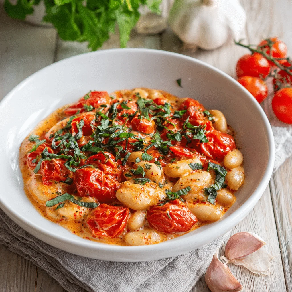 Easy & Delicious Tomato Basil Butter Beans 2 Close-up of tomato basil butter beans cooking in a pan with garlic, shallots, cherry tomatoes, and fresh basil