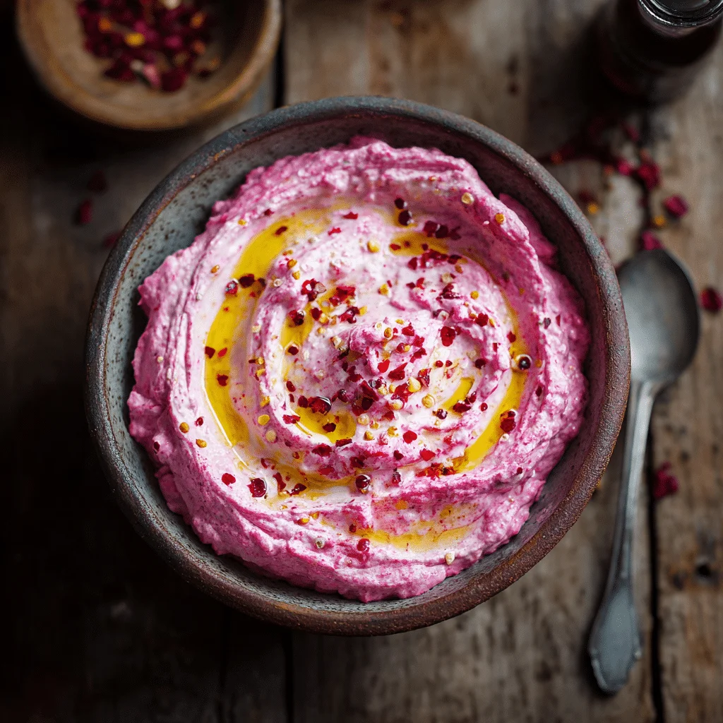 Vibrant Whipped Feta with Roasted Beets Dip 1 Vibrant pink whipped feta dip made with roasted beets, garnished with olive oil and red pepper flakes in a rustic bowl.