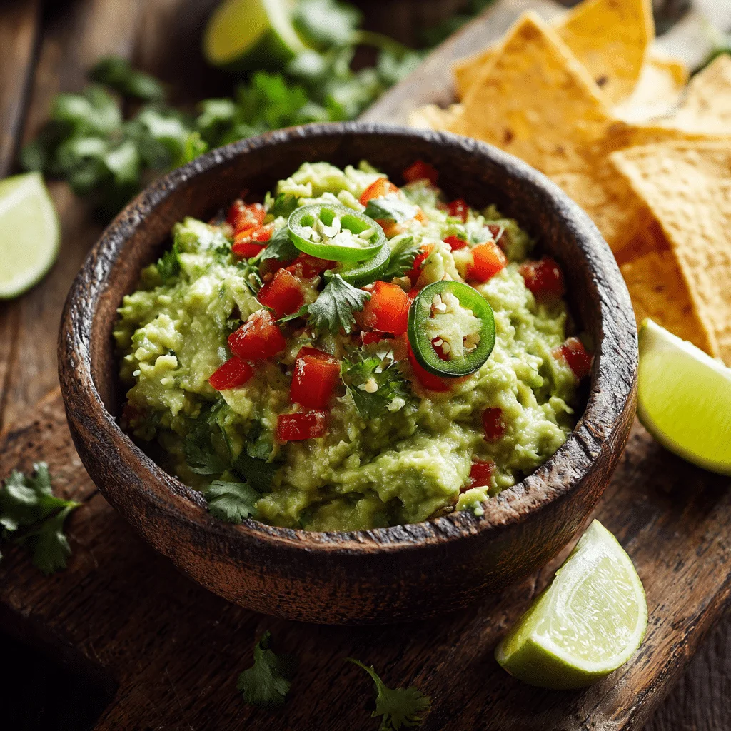 Amazing Simple Guacamole: Quick & Easy Recipe 2 A rustic bowl filled with fresh simple guacamole topped with diced tomatoes, jalapeno slices, and cilantro, served with tortilla chips and lime wedges on a wooden table.