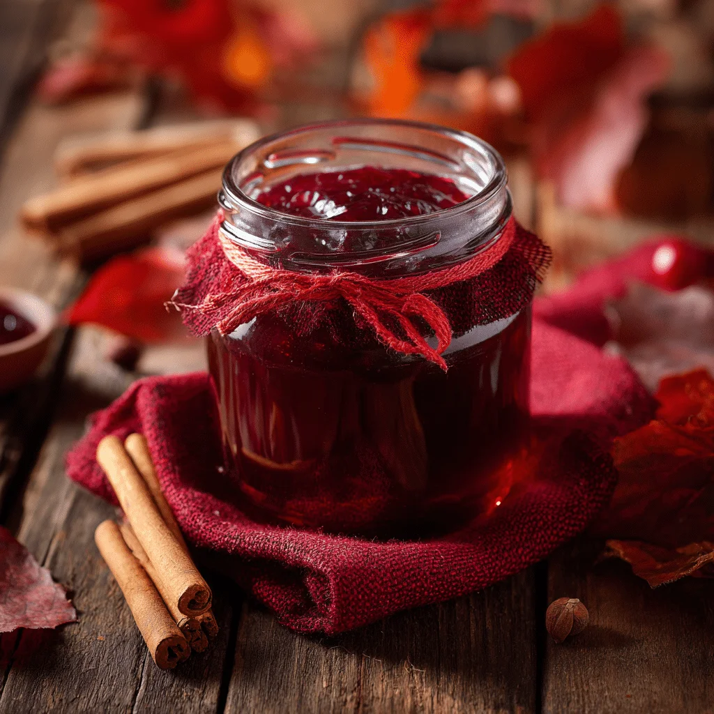 Smooth homemade cranberry jelly in a glass jar, deep red and glossy, sitting on a rustic wooden surface.