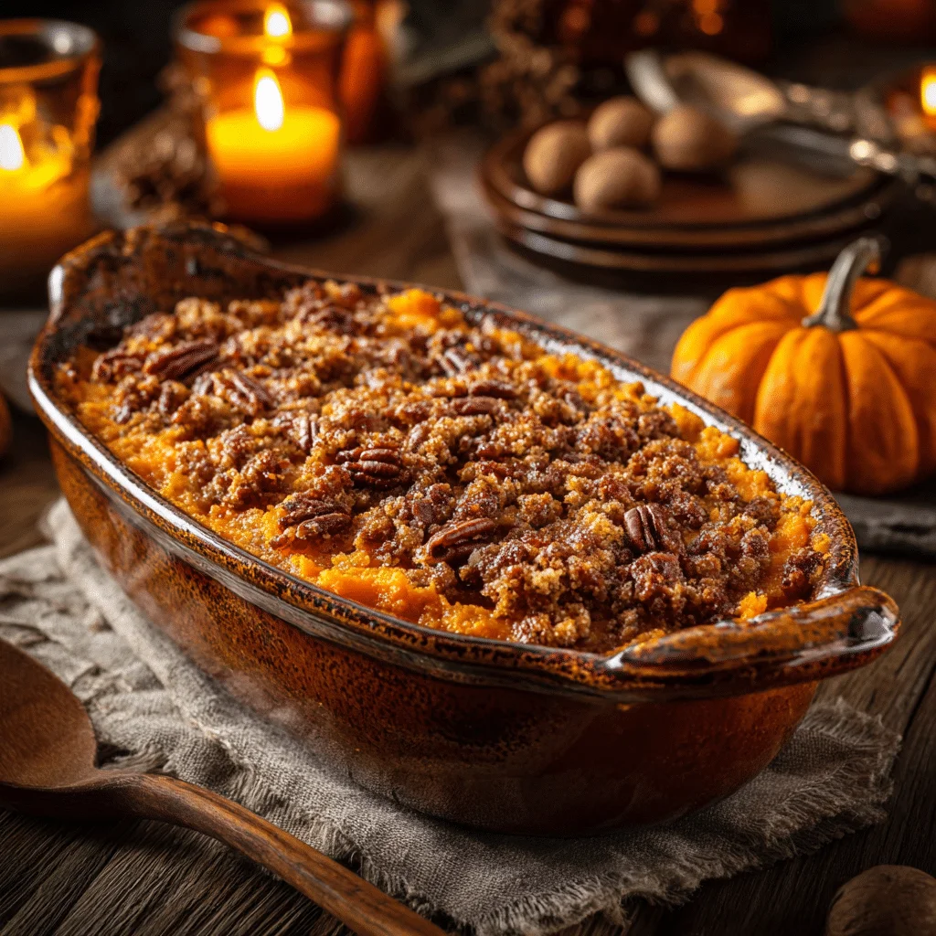 Amazing Sweet Potato Casserole Recipe 2 Golden baked sweet potato casserole with a crunchy pecan streusel topping in a rustic casserole dish.