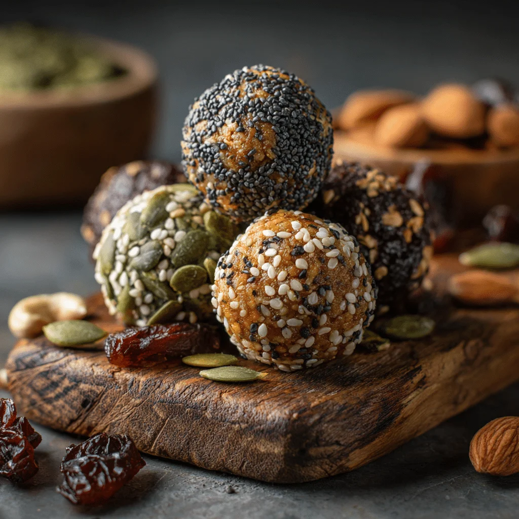 Energize with This High Iron Snack Recipe 2 "A close-up of homemade high iron energy bites made from cashews, pumpkin seeds, sesame seeds, cacao powder, and medjool dates, placed on a rustic wooden board with visible textures and natural light."