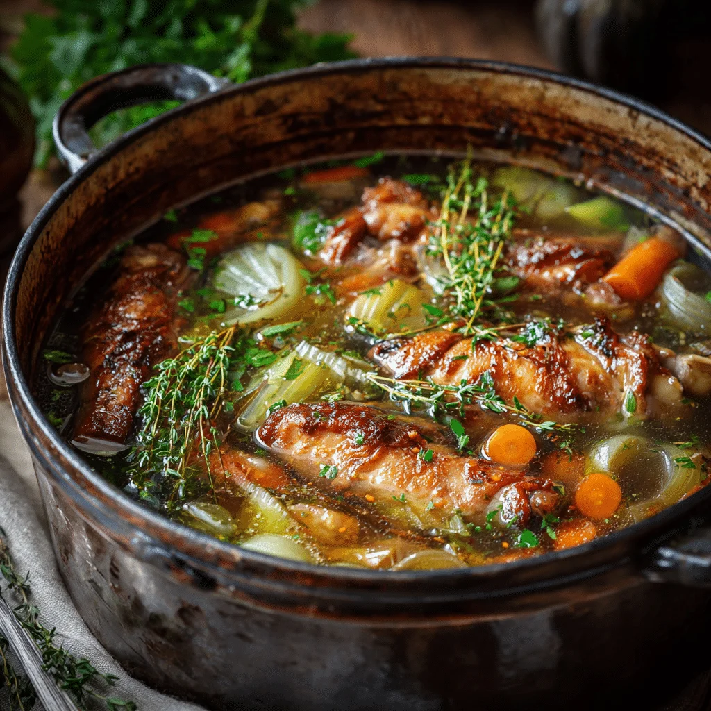 Magic Simple Turkey Stock: Rich Flavor, Easy Recipe 1 Simmering golden turkey stock in a rustic pot with roasted turkey wings, caramelized vegetables, and fresh herbs.