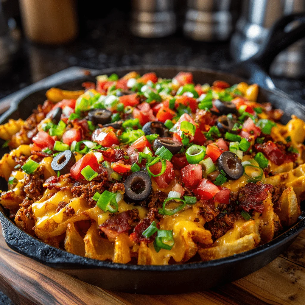 Amazing Waffle Fry Nachos: Quick & Easy Recipe 2 Close-up of melted cheese waffle fry nachos with bacon bits, green onions, black olives, tomatoes, and sour cream on the side.