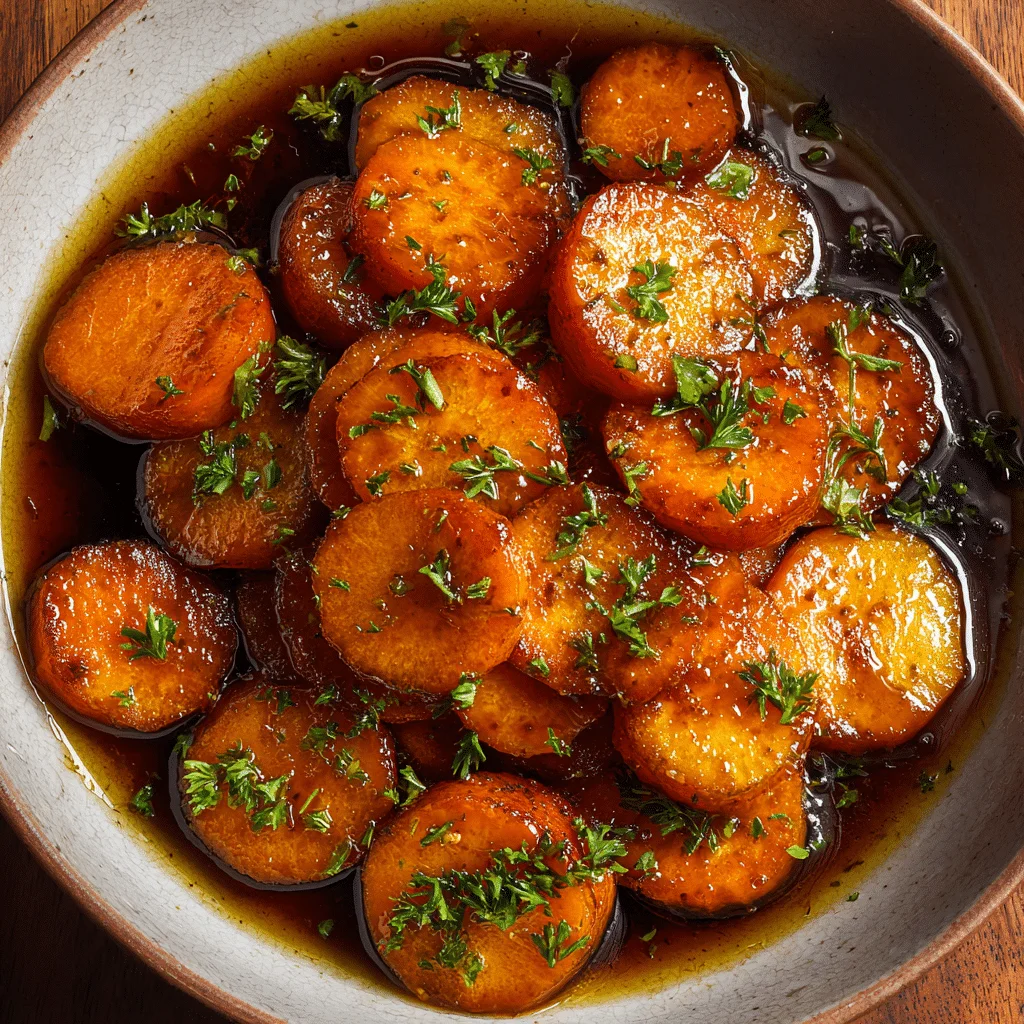 Quick & Easy Glazed Carrots: A Magical Side Dish 1 Glossy glazed carrot slices arranged in a serving bowl, garnished with fresh parsley. Golden brown glaze coats tender carrots, bright and inviting. Perfect holiday or weeknight side dish.