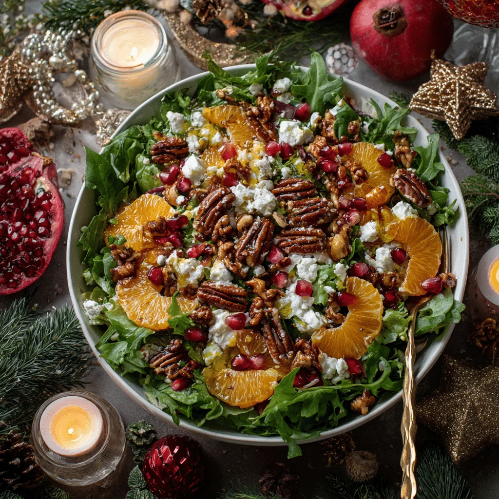Vibrant Christmas salad with mixed greens, orange segments, pomegranate seeds, feta cheese, and candied pecans, drizzled with golden vinaigrette in a large serving bowl. Festive, healthy holiday side dish.﻿
