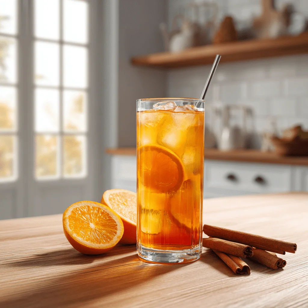 Tall glass of Orange Cinnamon Iced Tea with ice cubes, garnished with a cinnamon stick and fresh orange slices, set on a wooden kitchen counter with soft natural light in a minimal, modern kitchen.