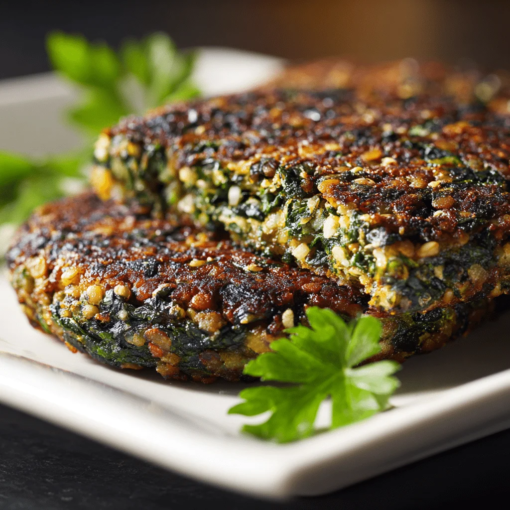Amazing Spinach and Lentil Burgers Recipe 2 Perfectly cooked spinach lentil burger patty showing golden-brown exterior and textured interior with visible green spinach and lentils