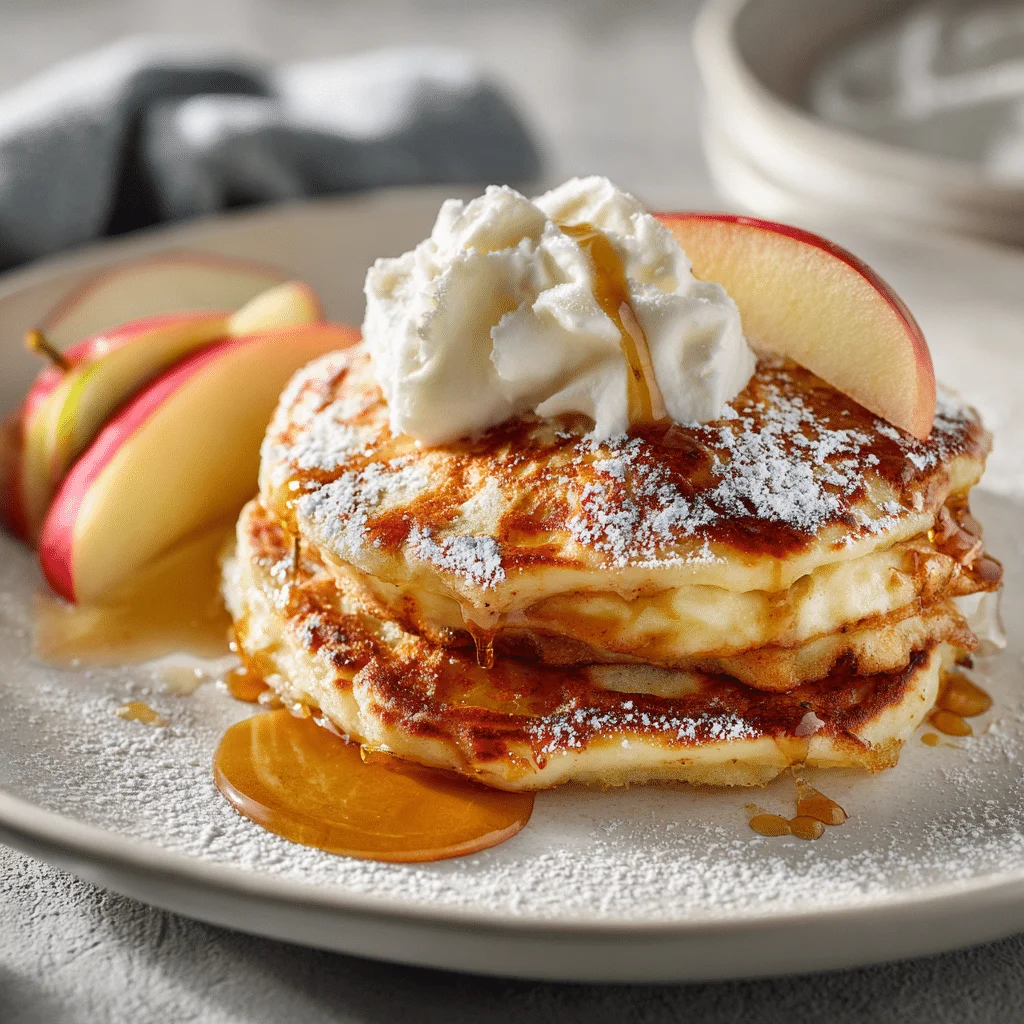Amazing Apple Yogurt Pancakes: Quick & Easy Breakfast 2 Tall stack of golden apple yogurt pancakes dusted with powdered sugar, topped with maple syrup and whipped cream