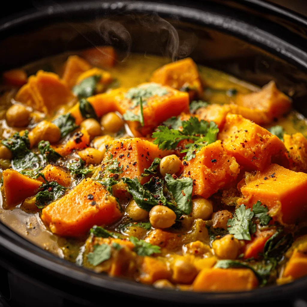 Simple Slow Cooker Vegan Sweet Potato Stew 2 Slow cooker filled with creamy vegan sweet potato stew garnished with fresh coriander and aromatic spices