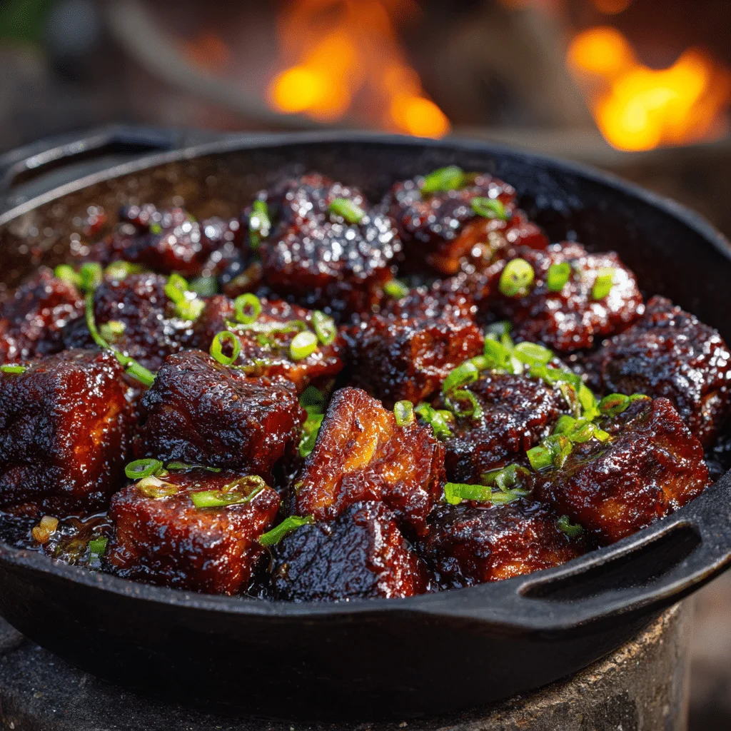Fantastic Smoker Recipes You'll Love 2 Smoky Poor Man's Burnt Ends in cast iron skillet with caramelized BBQ sauce and green onion garnish