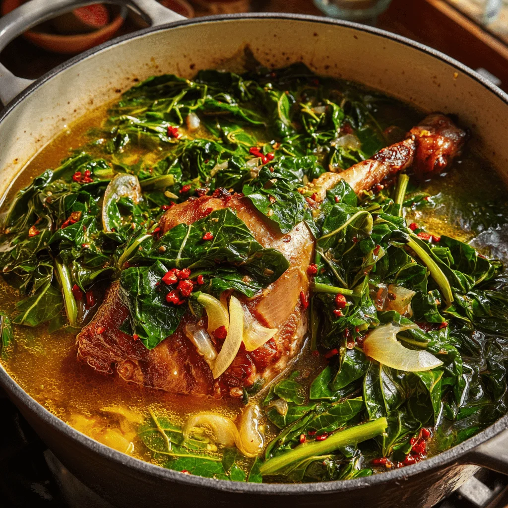 Amazing Collard Greens with Smoked Turkey 2 Collard greens simmering in a pot with a smoked turkey leg, onions, and red pepper flakes in a rich broth.