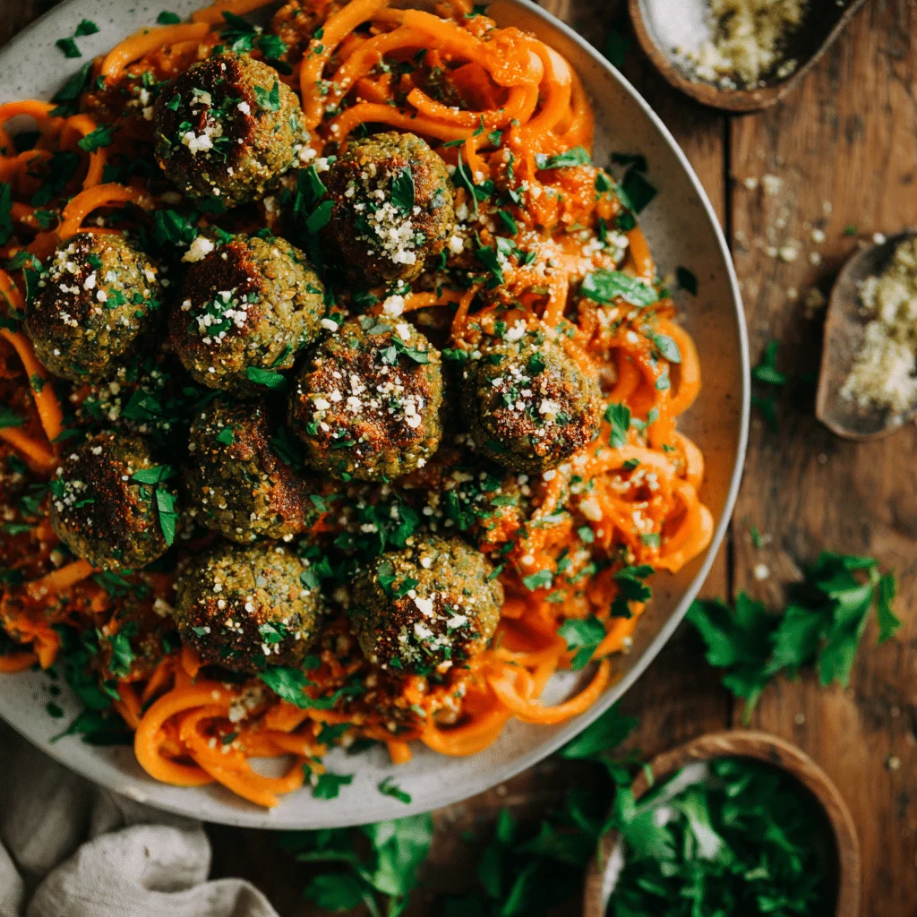 The Ultimate Vegetarian Lentil Meatballs 2 Overhead view of vegetarian lentil meatballs over carrot noodles with marinara sauce, garnished with fresh parsley and vegan parmesan cheese on a rustic wooden table