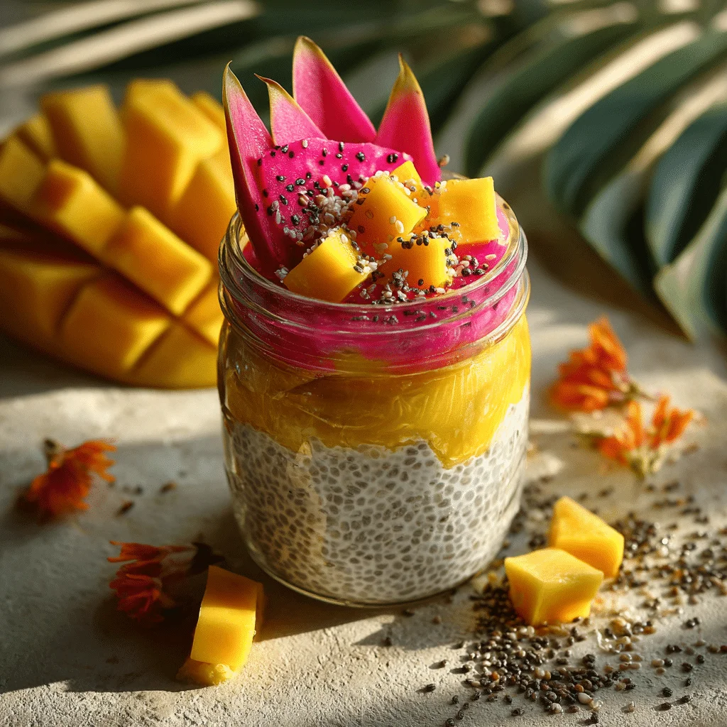 A colorful glass jar of mango and dragon fruit chia pudding layered with coconut yogurt, topped with dragon fruit chunks and mango slices, set on a sunlit wooden table with scattered chia seeds and tropical leaves.