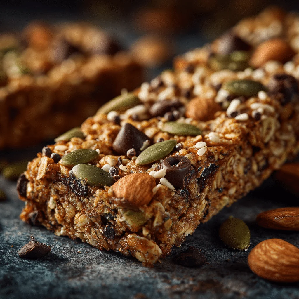 Close-up of golden-baked iron-rich granola bars showing texture with visible almonds, pumpkin seeds, cashews, and chocolate chips.