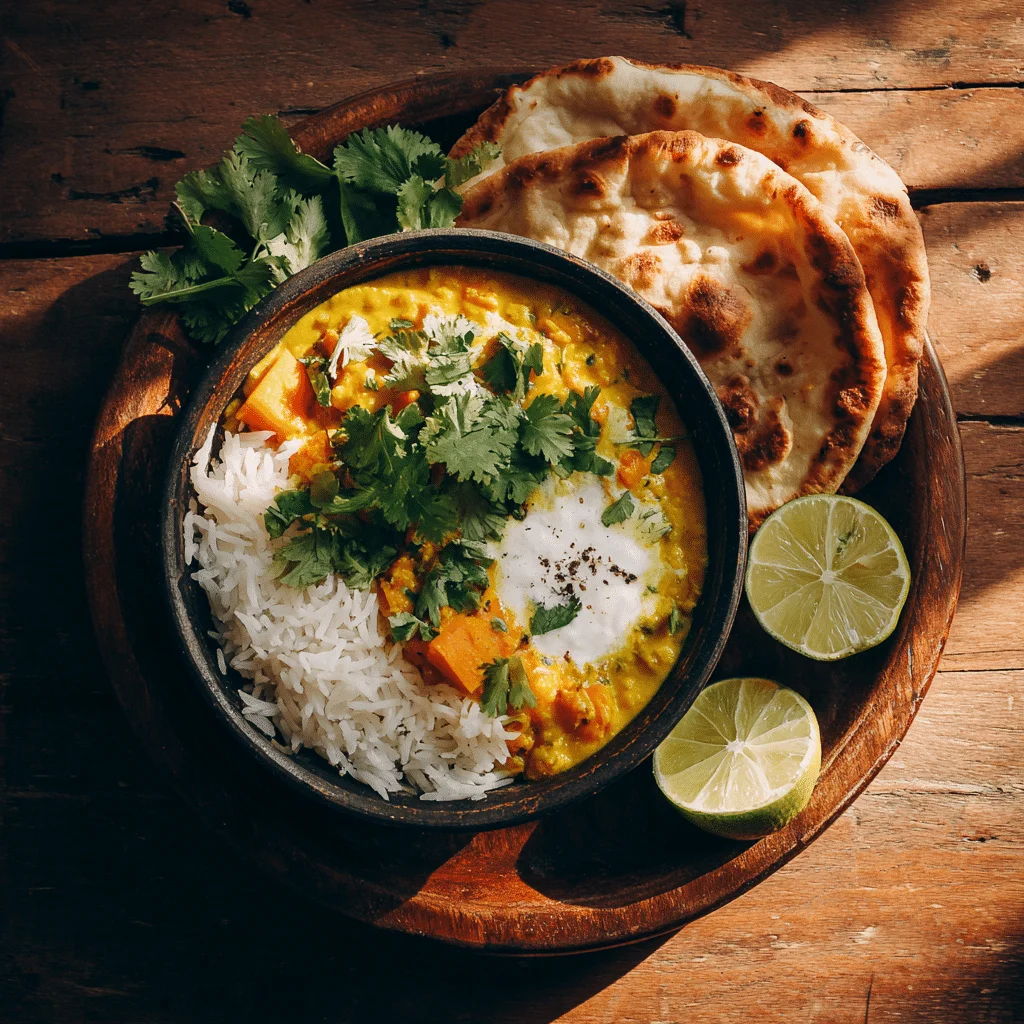 Amazing Lentil and Sweet Potato Curry Recipe 2 Overhead view of creamy golden lentil and sweet potato curry in ceramic bowl, topped with fresh cilantro and yogurt, served with white rice and naan bread