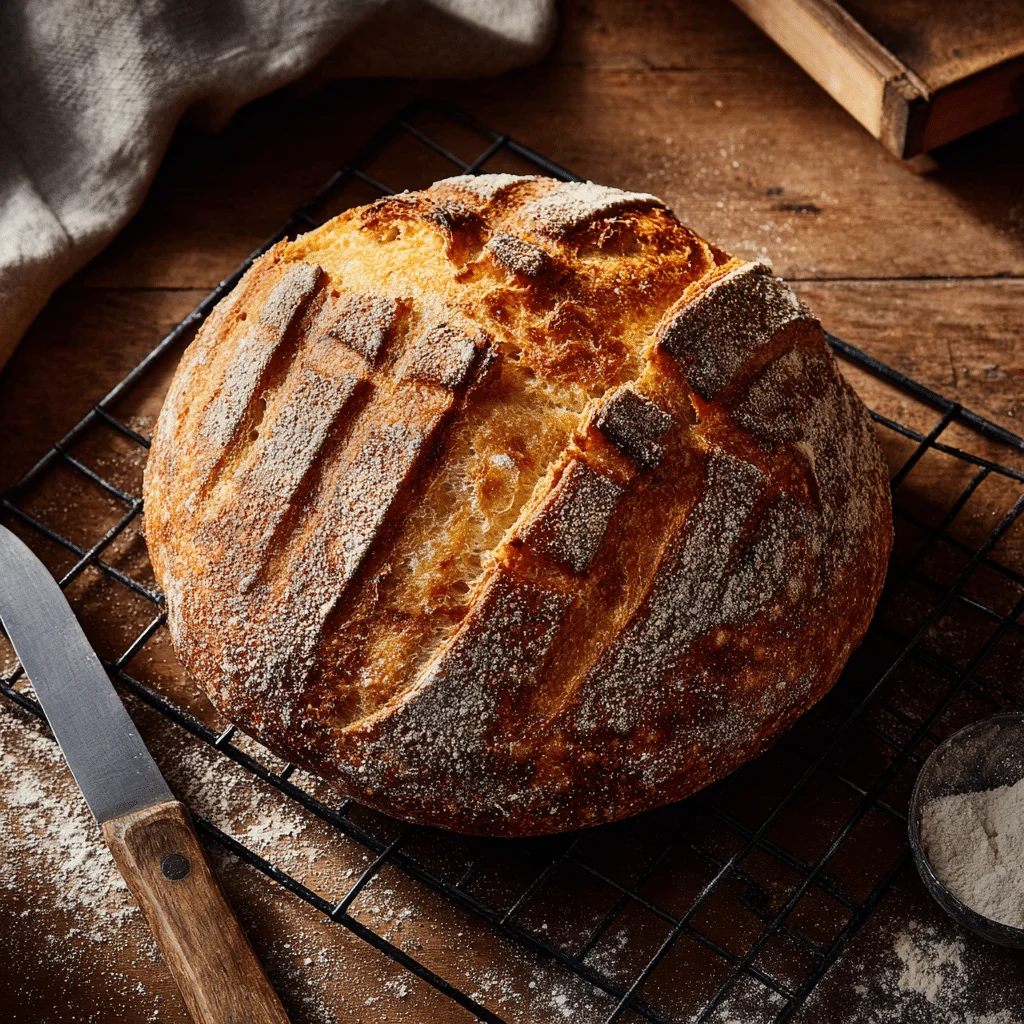 Amazing Sourdough Bread Recipe: Bake Your Own Loaf 1 Rustic round sourdough loaf with a deep golden crust and decorative score pattern, resting on a cooling rack over a wooden table, showing an open crumb and chewy texture inside