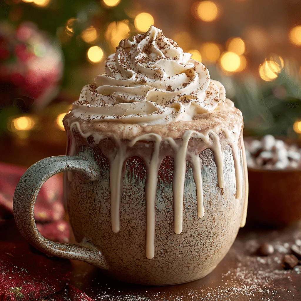 Amazing Christmas Chai Latte: Easy 10-Min Recipe 1 Christmas Chai Latte in a festive mug, creamy half-and-half swirl, white chocolate drizzle, whipped cream topping, dusted with nutmeg, displayed in a cozy kitchen setting.