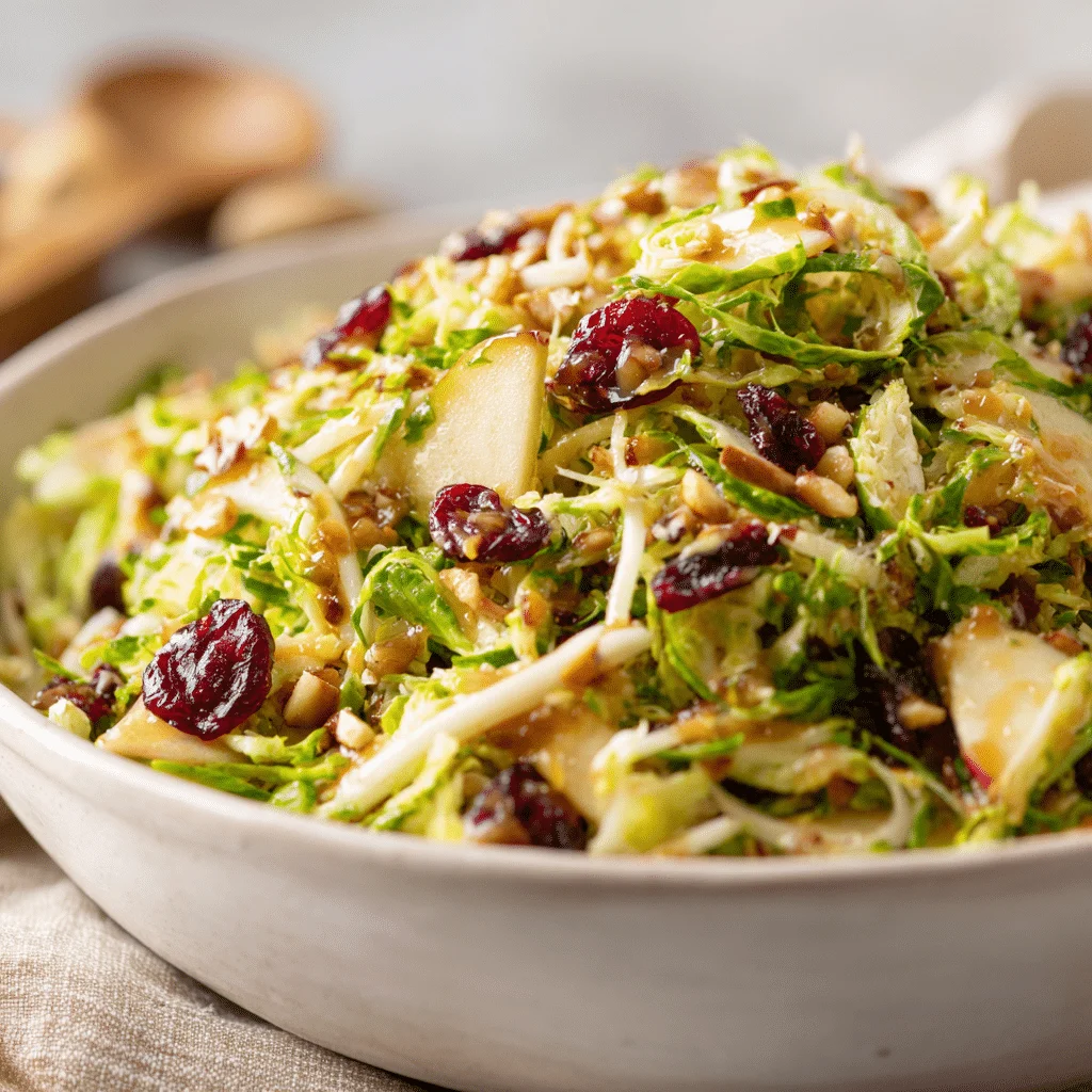 Vibrant Shaved Brussels Sprouts Salad Recipe 2 Vibrant shaved Brussels sprouts salad with chopped apple, dried cranberries, sunflower seeds, and Parmesan cheese, dressed in maple mustard, served in a large white bowl with autumn kitchen ambiance.”