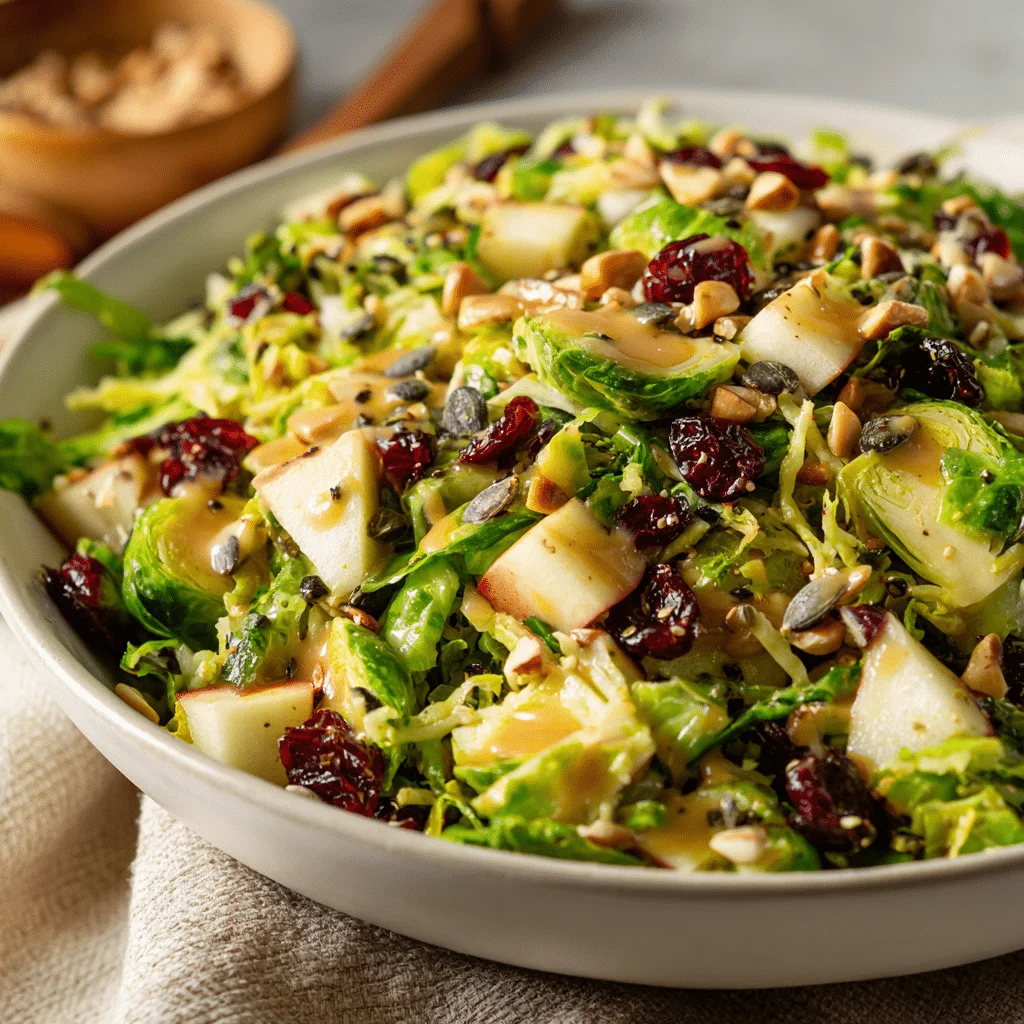 Vibrant Shaved Brussels Sprouts Salad Recipe 1 Vibrant shaved Brussels sprouts salad with chopped apple, dried cranberries, sunflower seeds, and Parmesan cheese, dressed in maple mustard, served in a large white bowl with autumn kitchen ambiance.”
