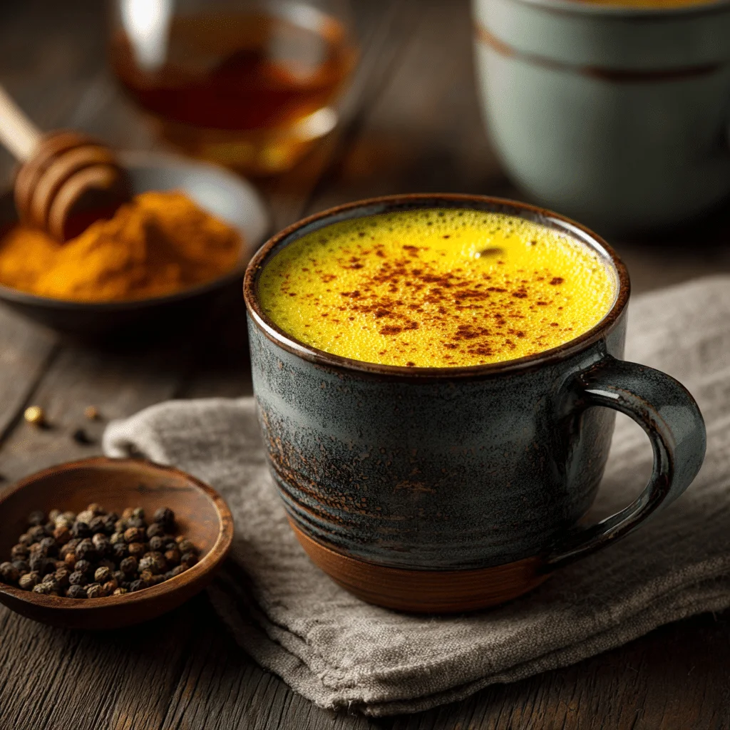 “A ceramic mug filled with warm golden milk, its deep yellow color topped with a light frothy layer and a sprinkle of cinnamon, sitting on a wooden table beside turmeric, cinnamon sticks, and a small jar of honey.”
