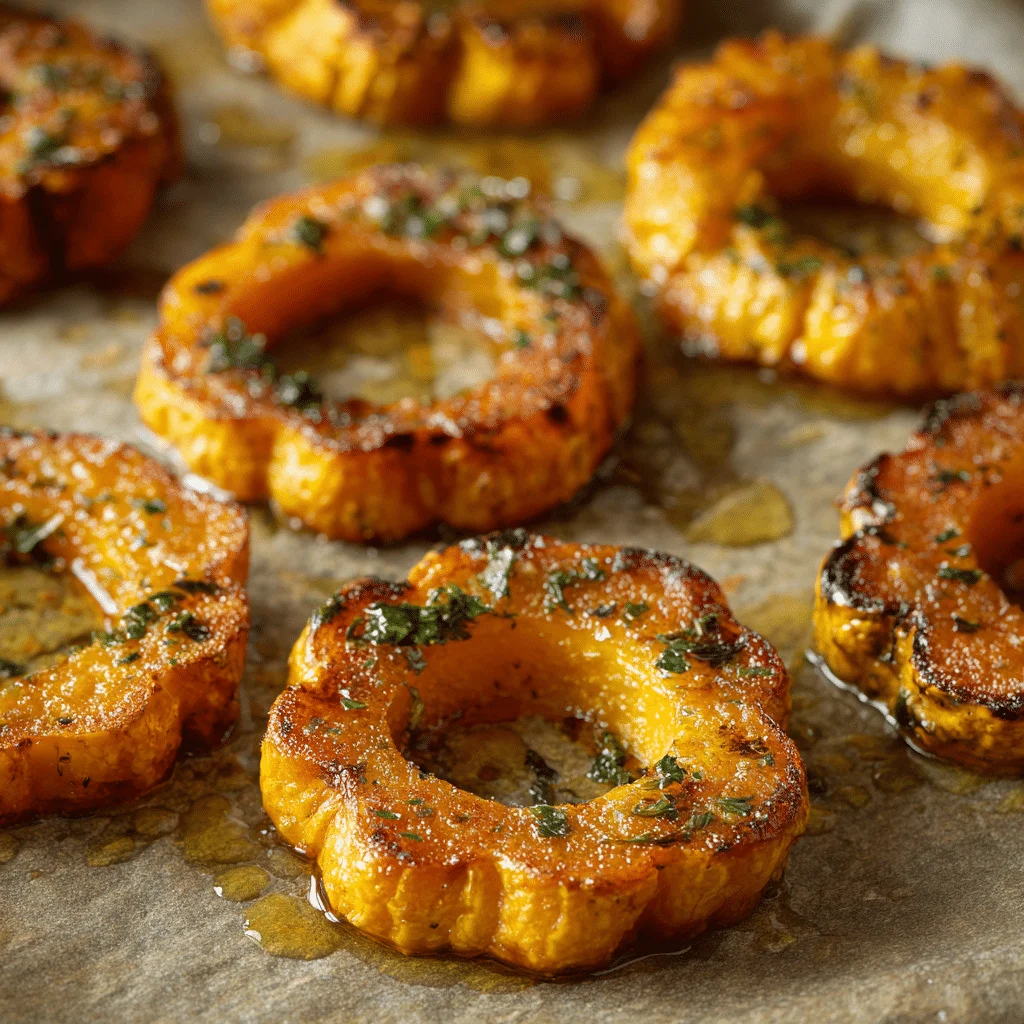 Quick & Easy Roasted Acorn Squash Rings Recipe 1 “Roasted acorn squash rings with golden-brown edges, seasoned with herbs and olive oil, arranged on a parchment-lined baking sheet in a cozy kitchen setting.”