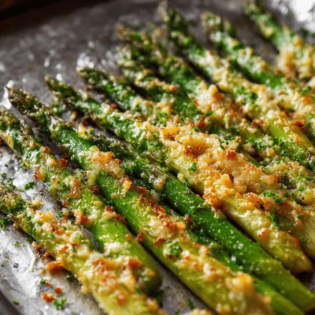 Quick & Easy Garlic Parmesan Roasted Asparagus 1 “Garlic parmesan roasted asparagus spears on a foil-lined baking sheet, sprinkled with minced garlic and melted parmesan, just out of the oven.”