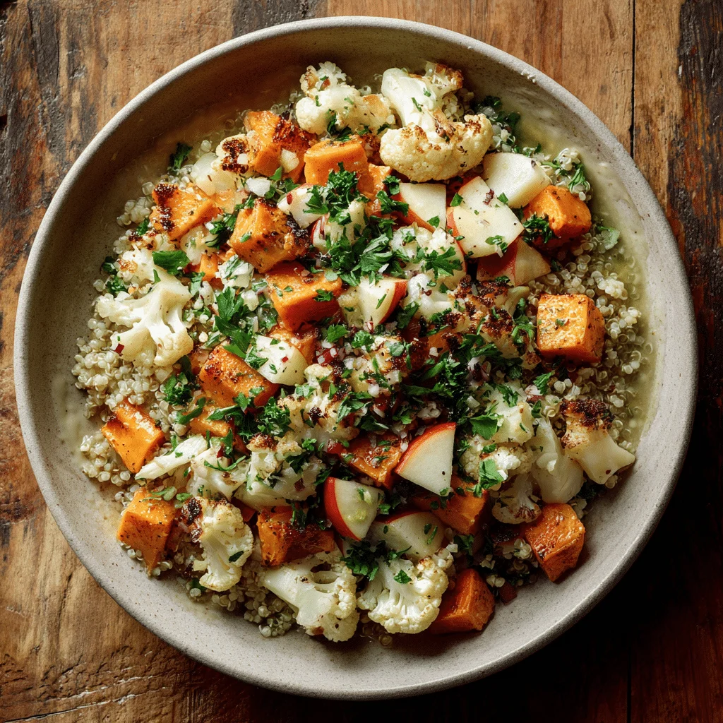 Autumn Glow quinoa bowl in a ceramic bowl with quinoa or freekeh, roasted sweet potatoes and cauliflower, diced apple, and chopped parsley tossed in a lemony olive oil dressing, set on a rustic wooden table