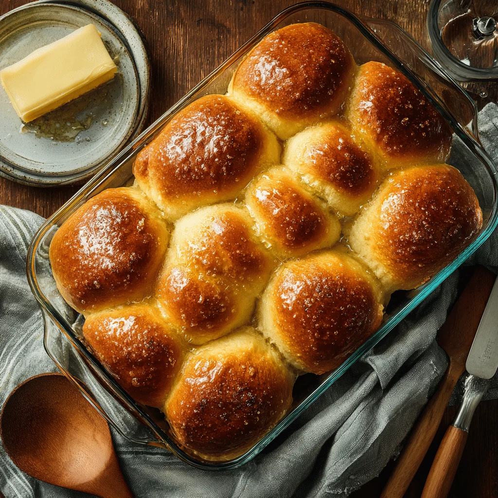 Amazing Sourdough Pull-Apart Dinner Rolls 1 Golden sourdough pull-apart dinner rolls fresh from the oven in a glass baking dish, soft fluffy rolls brushed with melted shortening, perfect for family dinners or holiday meals