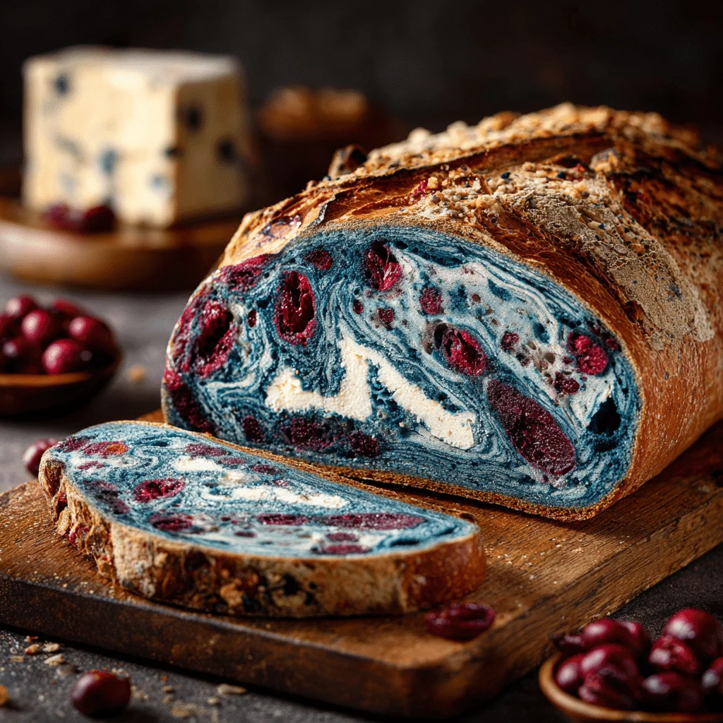 Stunning blue cranberry goat cheese sourdough loaf sliced open, revealing marbled goat cheese veins and red cranberries in the open crumb, perfect for brunch or cheese boards