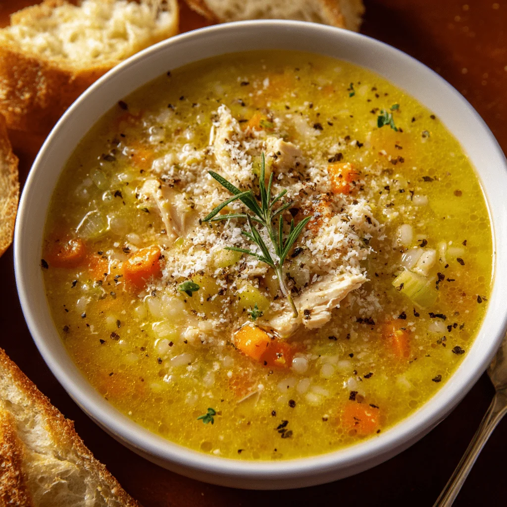 Quick Italian Penicillin Soup: A Nourishing Hug 2 Italian penicillin soup with blended vegetable broth, pastina, shredded chicken, carrots, celery, and Parmesan-herb garnish in a white bowl.”