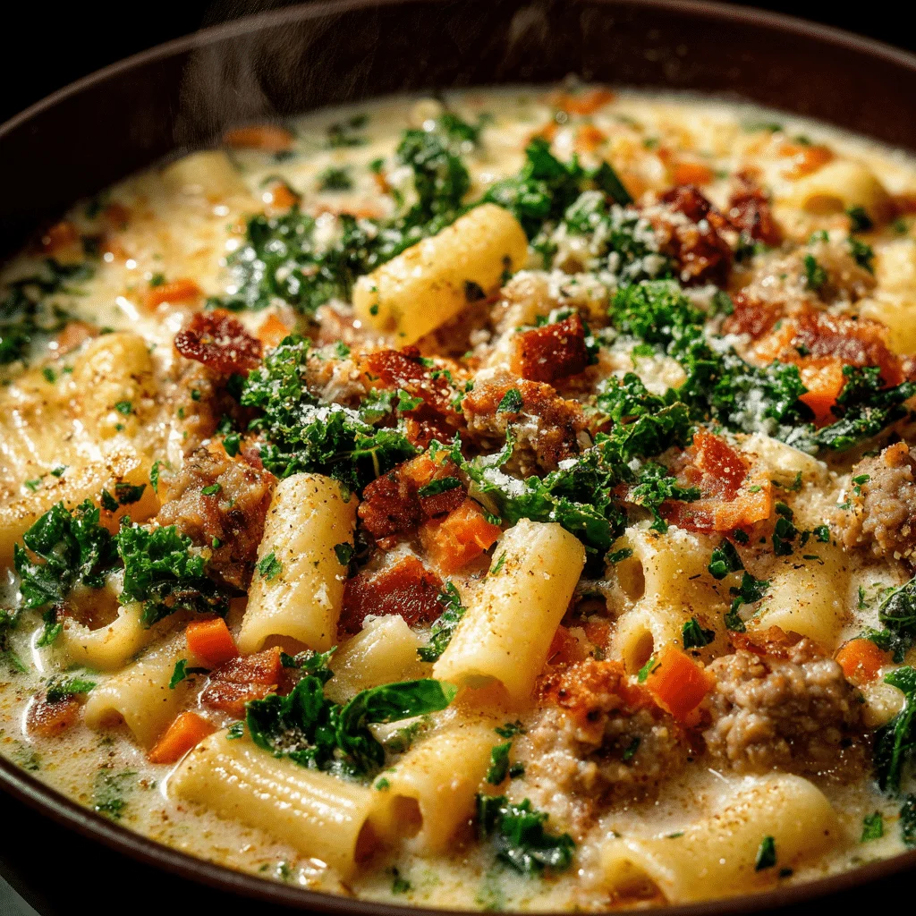 Amazing Parmesan Italian Sausage Ditalini Soup 2 Creamy Parmesan Italian sausage ditalini soup with smoked beef bacon, carrots, kale, and small pasta tubes in cheesy broth—45-minute comfort.