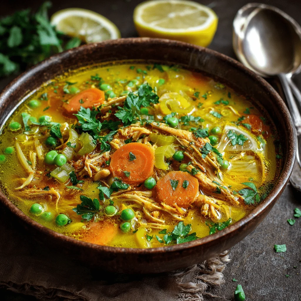 Powerful Anti Inflammatory Turmeric Chicken Soup 2 Golden anti inflammatory turmeric chicken soup with coconut milk, chicken, leeks, carrots, celery, peas, and parsley in a creamy spiced broth.