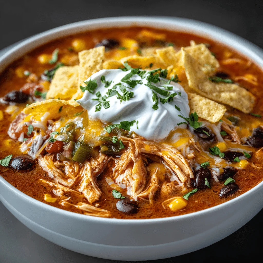 Amazing Chicken Enchilada Soup: 30-Minute Meal 2 Creamy chicken enchilada soup with shredded chicken, black beans, corn, enchilada sauce, and melted cheese—30-minute spicy comfort