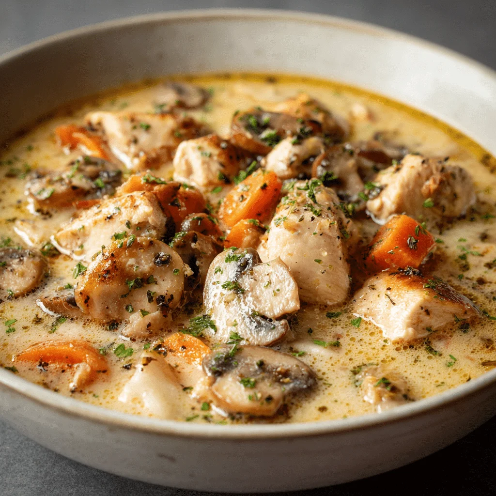 Creamy chicken mushroom soup with thigh chunks, cremini slices, mirepoix veggies, thyme, and half-and-half—under-an-hour comfort.