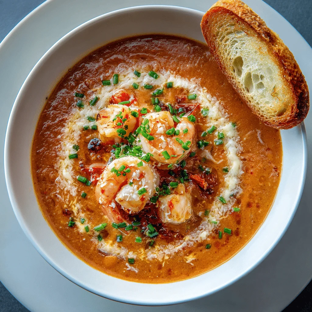 Velvety shrimp and crab seafood bisque—creamy tomato half-and-half broth with lump crab, tender shrimp, Parmesan, and chives, 30-minute luxury.