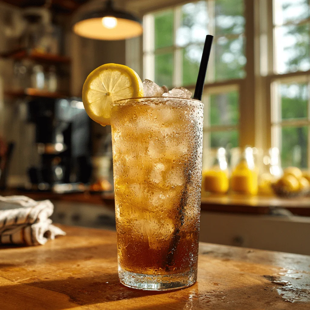 The Ultimate Long Island Iced Tea Recipe 2 Tall glass of long island iced tea over ice with lemon slice and straw, showing tea-colored mix of clear spirits topped with cola.”