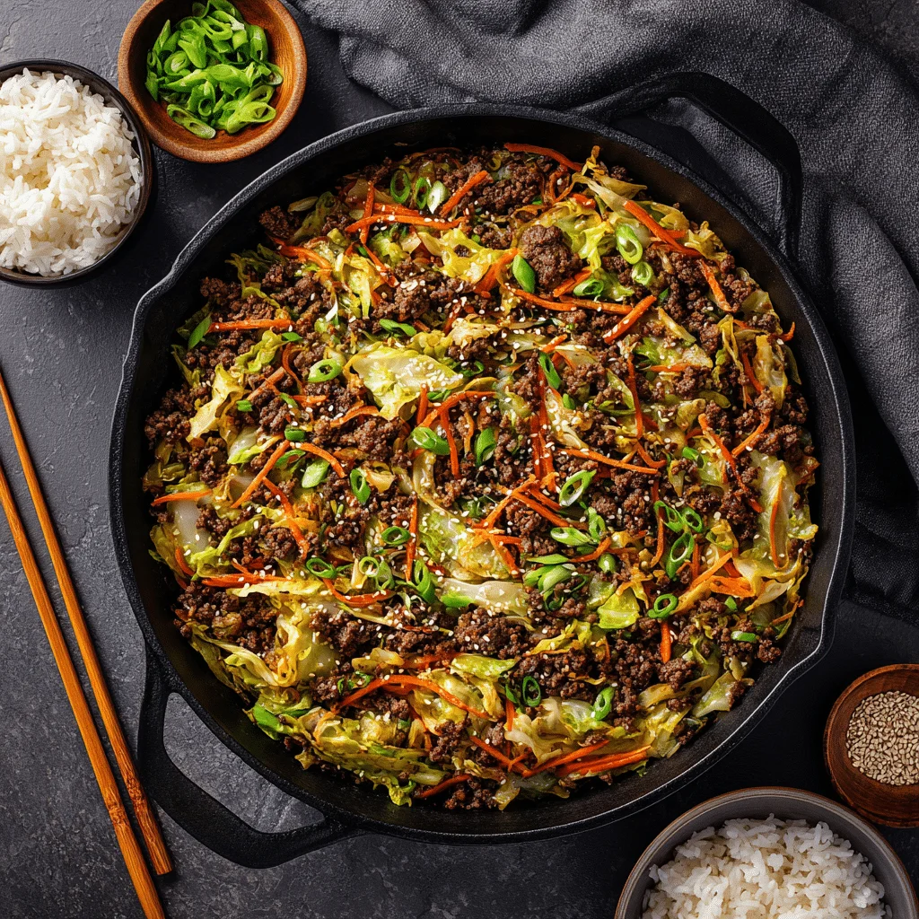 Skillet of Asian-inspired beef and cabbage stir-fry with ground smoked beef bacon, shredded cabbage, carrots, green onions, sesame seeds, and spicy soy-sesame sauce