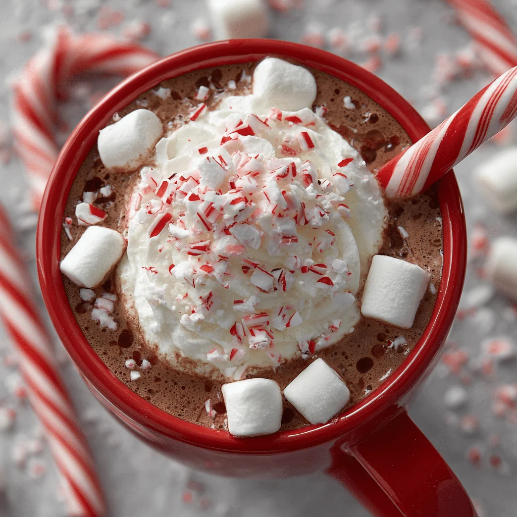 Festive DIY candy cane cocoa in holiday mug with whipped cream, crushed peppermint, melted chocolate, candy cane stirrer—10-minute warm treat