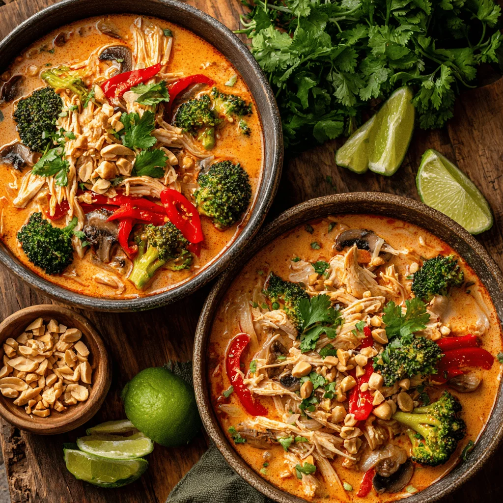 The Ultimate Crockpot Thai Coconut Chicken Soup 2 Crockpot Thai coconut chicken soup with shredded chicken, broccoli, mushrooms, carrots, and peppers in a creamy red curry peanut broth, garnished with cilantro and peanuts