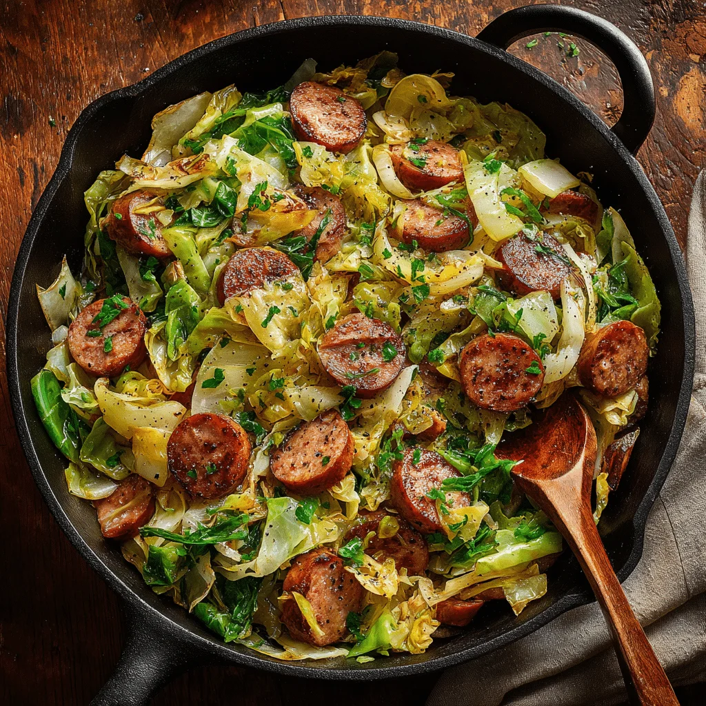 Amazing Easy Sausage and Cabbage Stir Fry 2 Easy sausage and cabbage stir fry with browned smoked beef sausage slices and tender sautéed cabbage and onions in a cast-iron skillet.