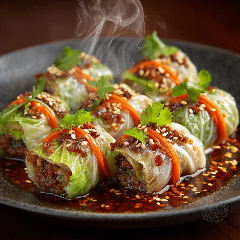 Amazing Napa Cabbage Rolls: Quick Weeknight Meal 2 Steamed Napa cabbage rolls tied with carrot ribbons, filled with smoked beef bacon, shiitake mushrooms, and scallions, drizzled with oyster sauce glaze