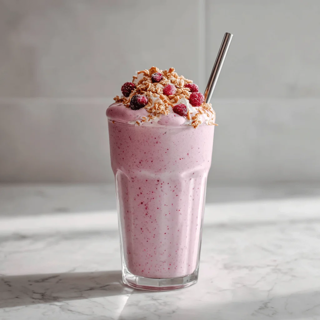 Wonderful Cranberry Milkshake: Simple 5-Minute Recipe 2 Creamy cranberry milkshake in a tall glass, made with frozen berries, banana, Greek yogurt, and cranberry juice, topped with berries, granola, and almond butter.