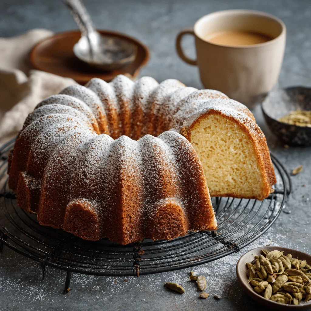 The Ultimate Swedish Cardamom Cake 2 Moist Swedish cardamom bundt cake with powdered sugar on top, baked in a fluted pan and sliced for serving with coffee.