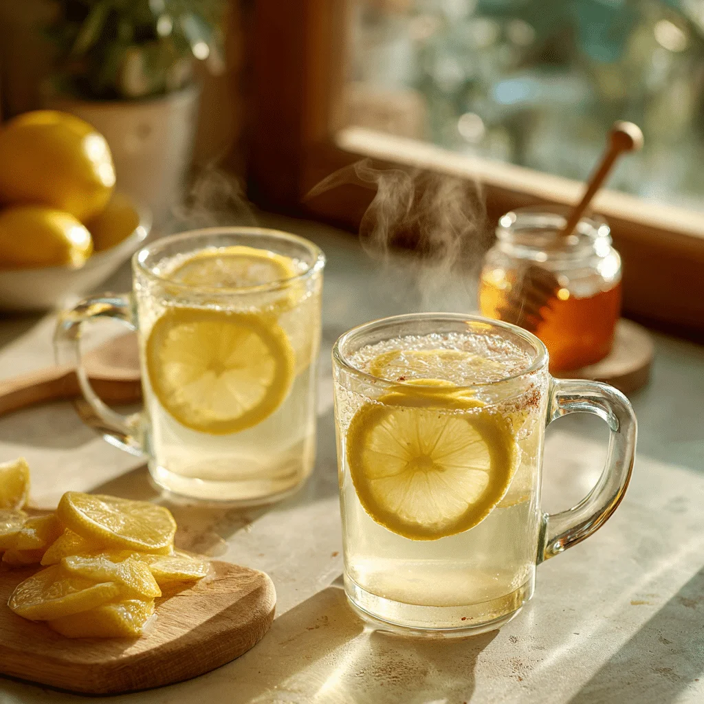 Warm lemon detox water in clear mugs made with fresh lemon juice, honey, cayenne, and ginger, garnished with lemon slices on a bright kitchen counter
