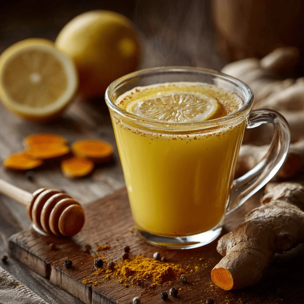 Steaming mug of golden turmeric lemon tea with a lemon wedge, made from turmeric, grated ginger, honey, black pepper, and fresh lemon juice.”