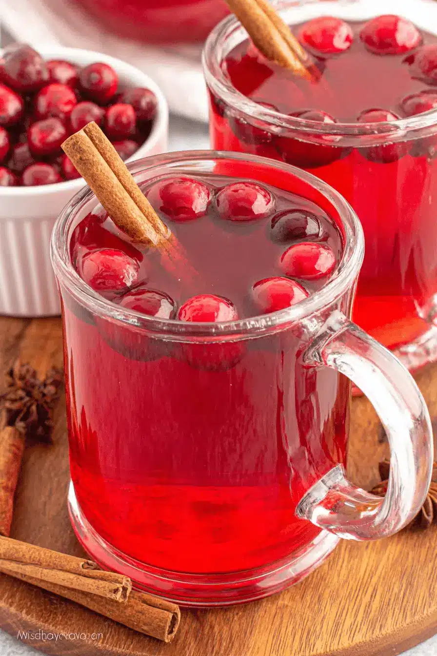 Close-up of two glasses of festive cranberry cider garnished with fresh cranberries and cinnamon sticks.