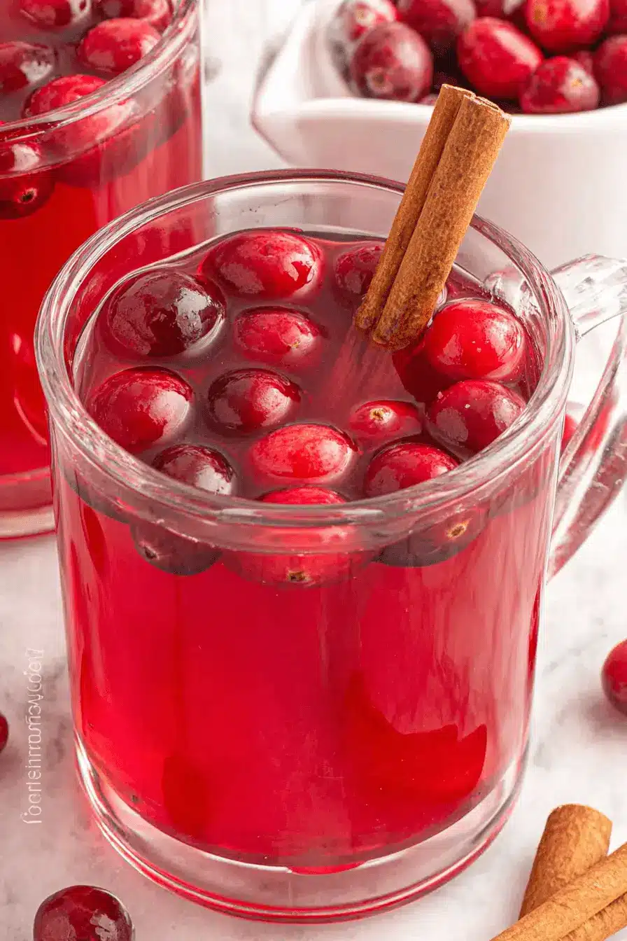 Clear glass mug of vibrant cranberry cider with whole cranberries and cinnamon sticks.